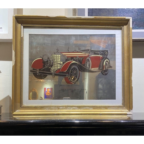 247 - A VINTAGE GILT FRAMED ‘MERCEDES BENZ 500K 1935’ MIRROR, reverse painted mirror in carved gilt frame.... 