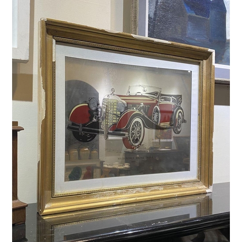 247 - A VINTAGE GILT FRAMED ‘MERCEDES BENZ 500K 1935’ MIRROR, reverse painted mirror in carved gilt frame.... 