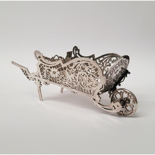 248 - A SOLID SILVER BEAUTIFULLY MADE FRETWORK DECORATED WHEEL BARROW DISH, beautifully made with scrollin... 