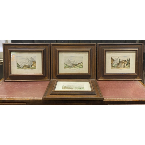 254 - A SET OF FOUR FRAMED FRENCH WATERCOLOUR PAINTINGS, depicting cabins amongst mountainous landscape, e... 