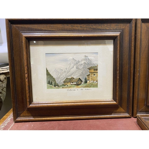 254 - A SET OF FOUR FRAMED FRENCH WATERCOLOUR PAINTINGS, depicting cabins amongst mountainous landscape, e... 