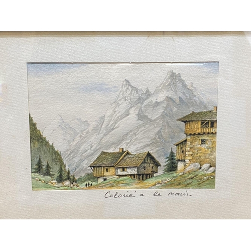 254 - A SET OF FOUR FRAMED FRENCH WATERCOLOUR PAINTINGS, depicting cabins amongst mountainous landscape, e... 