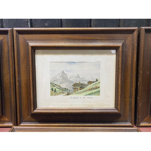 254 - A SET OF FOUR FRAMED FRENCH WATERCOLOUR PAINTINGS, depicting cabins amongst mountainous landscape, e... 