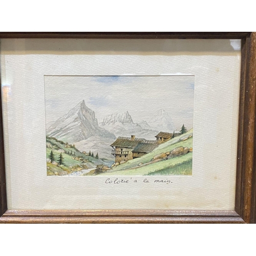 254 - A SET OF FOUR FRAMED FRENCH WATERCOLOUR PAINTINGS, depicting cabins amongst mountainous landscape, e... 