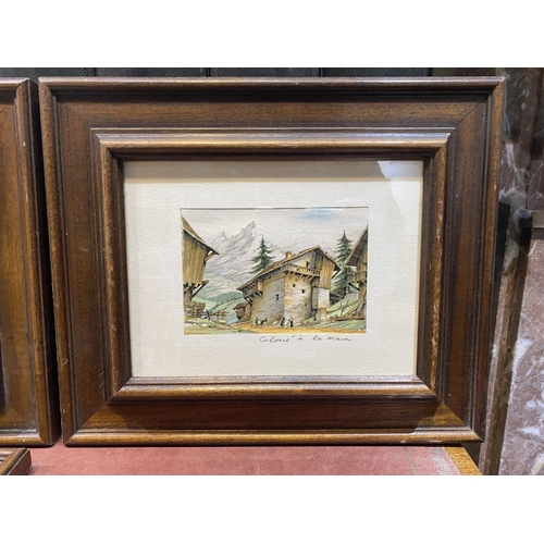 254 - A SET OF FOUR FRAMED FRENCH WATERCOLOUR PAINTINGS, depicting cabins amongst mountainous landscape, e... 