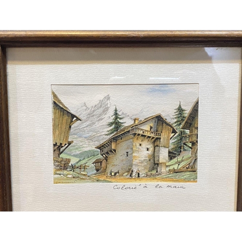 254 - A SET OF FOUR FRAMED FRENCH WATERCOLOUR PAINTINGS, depicting cabins amongst mountainous landscape, e... 