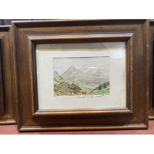 254 - A SET OF FOUR FRAMED FRENCH WATERCOLOUR PAINTINGS, depicting cabins amongst mountainous landscape, e... 