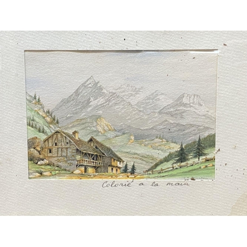 254 - A SET OF FOUR FRAMED FRENCH WATERCOLOUR PAINTINGS, depicting cabins amongst mountainous landscape, e... 