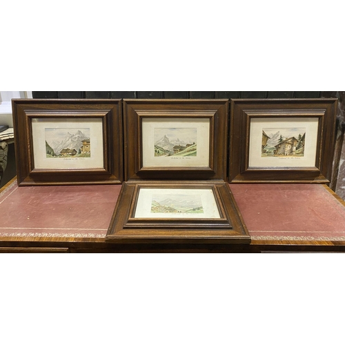 254 - A SET OF FOUR FRAMED FRENCH WATERCOLOUR PAINTINGS, depicting cabins amongst mountainous landscape, e... 