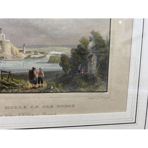 255 - TWO FRAMED COLOURED PRINTS OF HISTORICAL TOWN VIEWS, (i) coloured print reproduction of coloured ste... 