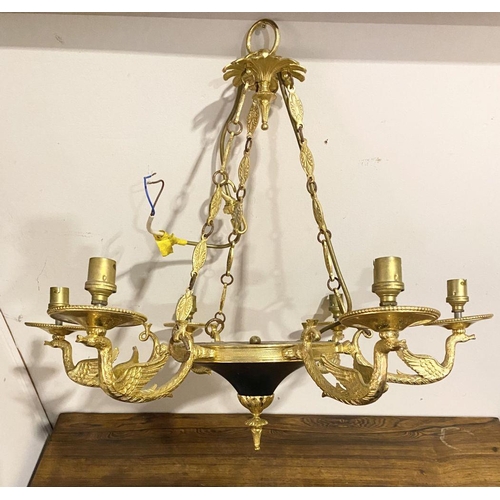 263 - A DECORATIVE SIX BRANCH GILT CHANDELIER, with floral finial to top, leaf design to chains supporting... 