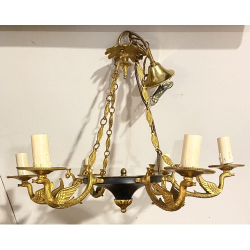 265 - A DECORATIVE SIX BRANCH GILT CHANDELIER, with floral finial to top, leaf design to chains supporting... 