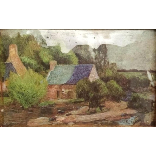 27 - AFTER PAUL GAUGUIN, LE LAVANDAIR A PONT-AVEN, an enamel on copper copy of the original by Gaugin. Di... 