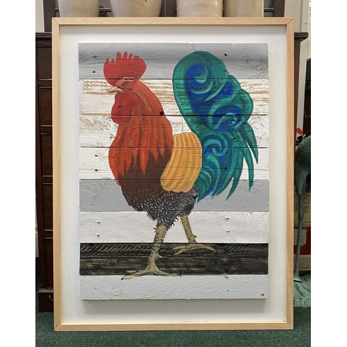 32 - KEN PARKER, (IRISH, 20TH CENTURY), ‘ROOSTER’, oil on wood panels, signed with initials lower right, ... 