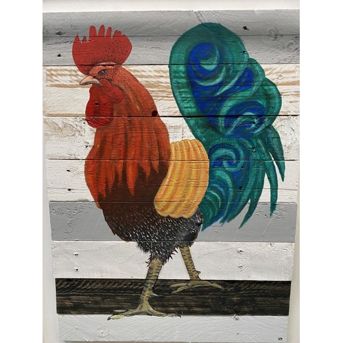 32 - KEN PARKER, (IRISH, 20TH CENTURY), ‘ROOSTER’, oil on wood panels, signed with initials lower right, ... 