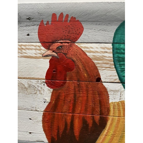 32 - KEN PARKER, (IRISH, 20TH CENTURY), ‘ROOSTER’, oil on wood panels, signed with initials lower right, ... 