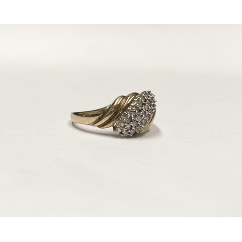 34 - A FANTASTIC 9CT GOLD TRIPLE ROW DIAMOND COCKTAIL RING, with three rows of round cut diamonds in claw... 