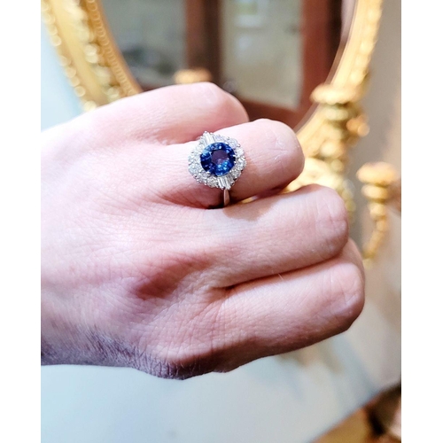 4 - AN 18CT WHITE GOLD ART DECO STYLE SAPPHIRE & DIAMOND CLUSTER RING, with round brilliant cut diamonds... 