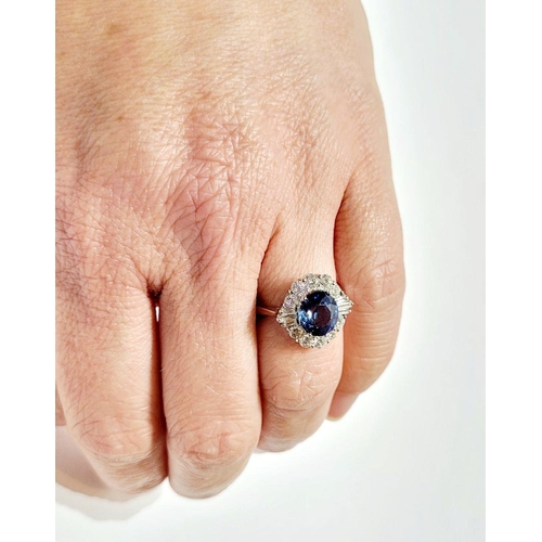 4 - AN 18CT WHITE GOLD ART DECO STYLE SAPPHIRE & DIAMOND CLUSTER RING, with round brilliant cut diamonds... 