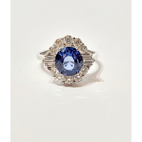 4 - AN 18CT WHITE GOLD ART DECO STYLE SAPPHIRE & DIAMOND CLUSTER RING, with round brilliant cut diamonds... 