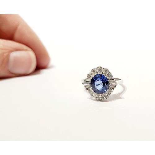 4 - AN 18CT WHITE GOLD ART DECO STYLE SAPPHIRE & DIAMOND CLUSTER RING, with round brilliant cut diamonds... 