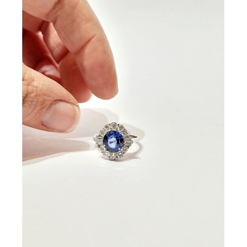 4 - AN 18CT WHITE GOLD ART DECO STYLE SAPPHIRE & DIAMOND CLUSTER RING, with round brilliant cut diamonds... 