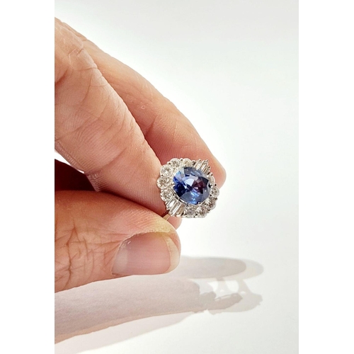 4 - AN 18CT WHITE GOLD ART DECO STYLE SAPPHIRE & DIAMOND CLUSTER RING, with round brilliant cut diamonds... 