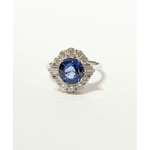 4 - AN 18CT WHITE GOLD ART DECO STYLE SAPPHIRE & DIAMOND CLUSTER RING, with round brilliant cut diamonds... 