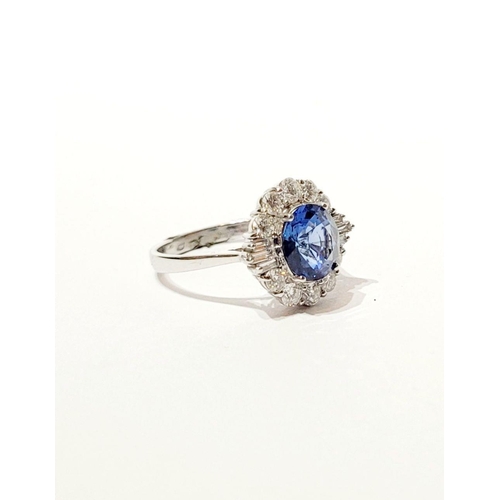 4 - AN 18CT WHITE GOLD ART DECO STYLE SAPPHIRE & DIAMOND CLUSTER RING, with round brilliant cut diamonds... 