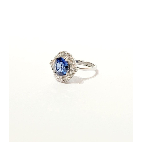 4 - AN 18CT WHITE GOLD ART DECO STYLE SAPPHIRE & DIAMOND CLUSTER RING, with round brilliant cut diamonds... 