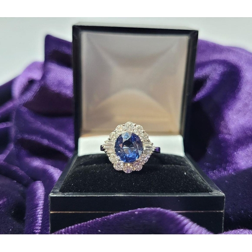 4 - AN 18CT WHITE GOLD ART DECO STYLE SAPPHIRE & DIAMOND CLUSTER RING, with round brilliant cut diamonds... 