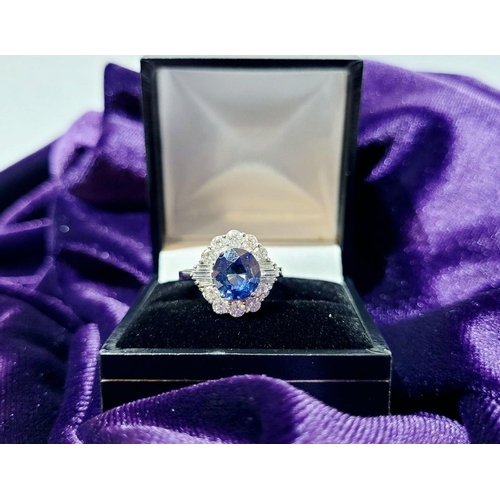 4 - AN 18CT WHITE GOLD ART DECO STYLE SAPPHIRE & DIAMOND CLUSTER RING, with round brilliant cut diamonds... 