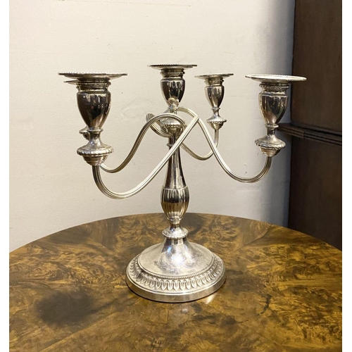 45 - A DECORATIVE SILVER PLATED FIVE BRANCH CANDLEABRA, alpha plate by Viners Sheffield, four arms with t... 