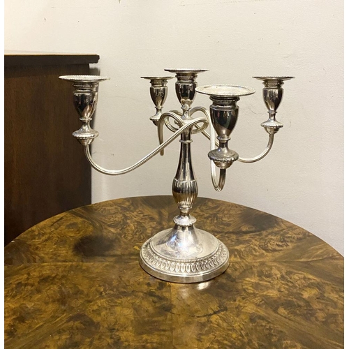 45 - A DECORATIVE SILVER PLATED FIVE BRANCH CANDLEABRA, alpha plate by Viners Sheffield, four arms with t... 