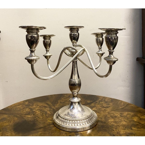 45 - A DECORATIVE SILVER PLATED FIVE BRANCH CANDLEABRA, alpha plate by Viners Sheffield, four arms with t... 