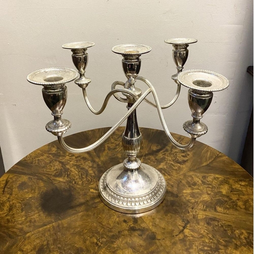 45 - A DECORATIVE SILVER PLATED FIVE BRANCH CANDLEABRA, alpha plate by Viners Sheffield, four arms with t... 