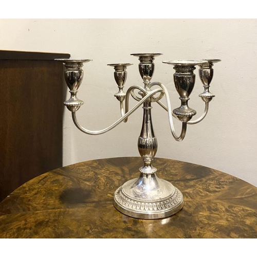 45 - A DECORATIVE SILVER PLATED FIVE BRANCH CANDLEABRA, alpha plate by Viners Sheffield, four arms with t... 