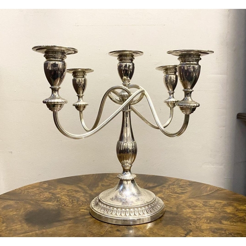 45 - A DECORATIVE SILVER PLATED FIVE BRANCH CANDLEABRA, alpha plate by Viners Sheffield, four arms with t... 