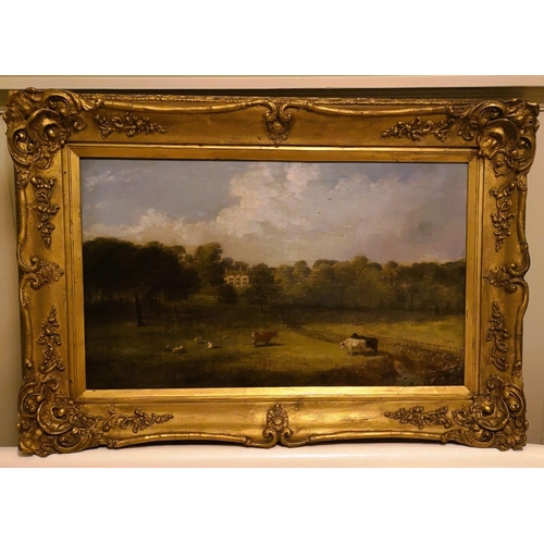 48 - A FINE GILT-FRAMED 19TH CENTURY PASTORAL SCENE, with a house to the background and farm animals to t... 