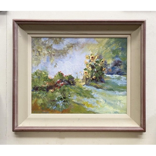 50 - DELHA DWYER (Irish, 20th Century), 'GARDEN SCENE WITH FIGURES', oil on canvas, signed lower left. Di... 