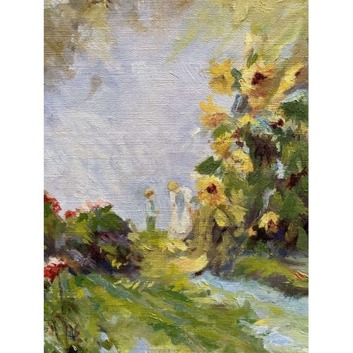 50 - DELHA DWYER (Irish, 20th Century), 'GARDEN SCENE WITH FIGURES', oil on canvas, signed lower left. Di... 