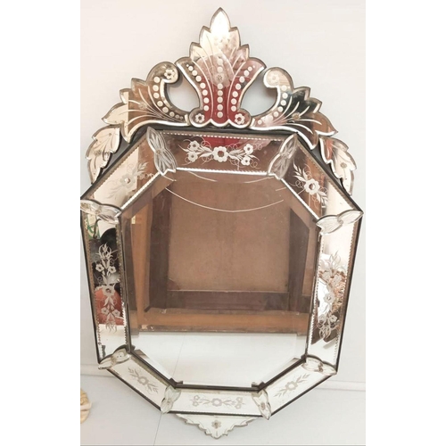 51 - A BEAUTIFUL DECORATIVE MID 20TH CENTURY VENETIAN WALL MIRROR, 89cm high 52cm wide, excellent conditi... 