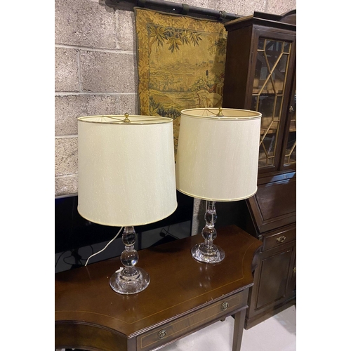 72 - AN EXCELLENT PAIR OF CLEAR GLASS DOUBLE LOBE TABLE LAMPS, c.1980, with original shades. Dimensions: ... 