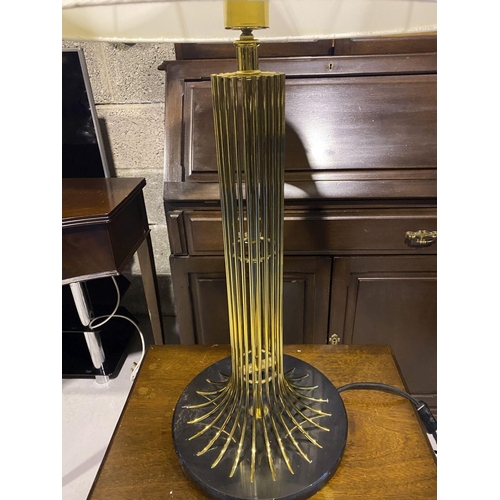 74 - A LARGE GILT BRASS WIREWORK TABLE LAMP, c.1980, on black marble base with an off-white lampshade. Di... 