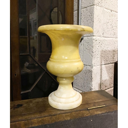 79 - AN ALABASTER URN VASE, heavy piece of traditional form on circular platform base. Dimensions: 25.5cm... 