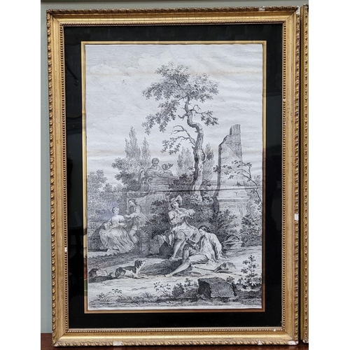 9 - A PAIR OF FRAMED PRINTS: AFTER: GIUSEPPE ZOCCHI (ITALIAN 1717 – 1767), (i) YOUNG PEOPLE IN A LANDSCA... 