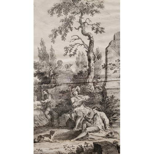 9 - A PAIR OF FRAMED PRINTS: AFTER: GIUSEPPE ZOCCHI (ITALIAN 1717 – 1767), (i) YOUNG PEOPLE IN A LANDSCA... 