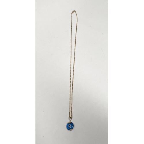 94 - A 9CT GOLD CHAIN EVIL EYE PENDANT NECKLACE, chain marked 9K to clasp. Dimensions: 26cm long approx.