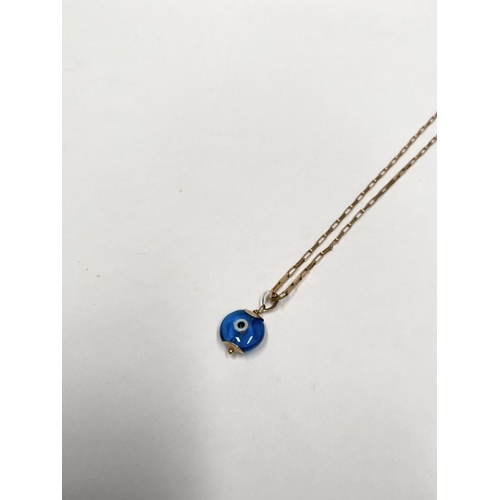 94 - A 9CT GOLD CHAIN EVIL EYE PENDANT NECKLACE, chain marked 9K to clasp. Dimensions: 26cm long approx.