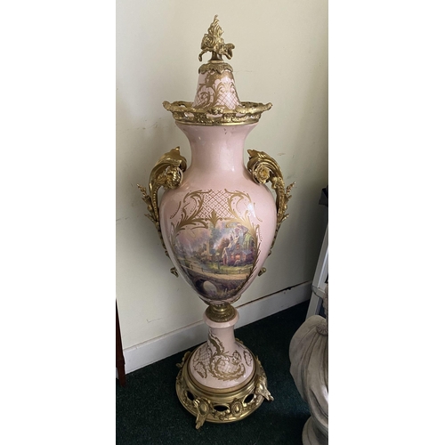 96 - AN EXCELLENT PAIR OF FRENCH SERVES STYLE URN VASES, baluster form, highly decorated with painted pol... 